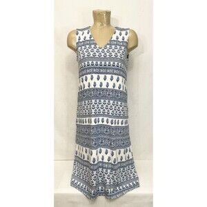 J Jill Dress Size S Small 38" Sleeveless A Line V Neck Blue White Floral